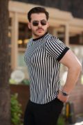 Erkek Siyah Beyaz örme Pamuklu Kumaş Kısa Kollu T-shirt resmi